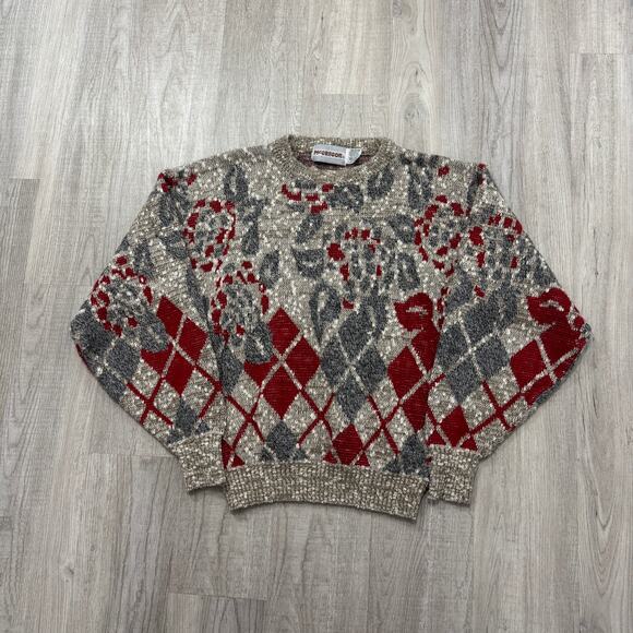 Vintage McGregor Sweater Men's Medium Beige Red Geometric Knit Crewneck 90s - Picture 1 of 6